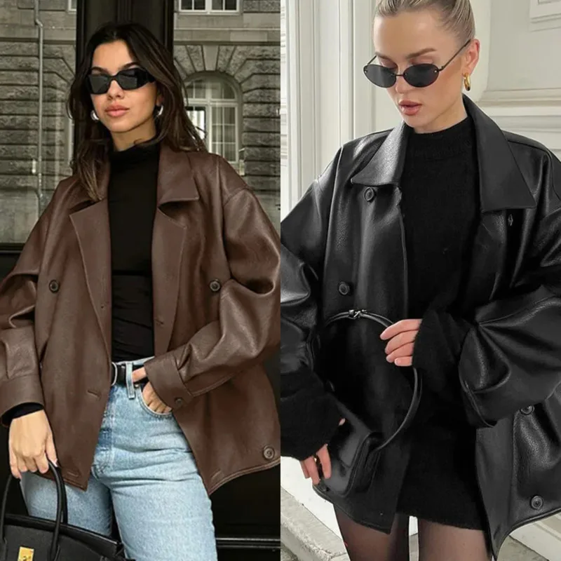 

Women's Vintage Faux Leather Jacket Loose Fit Suit Collar Mid Length Coat Elegant Warm Outerwear For Daily Street Winter Wear