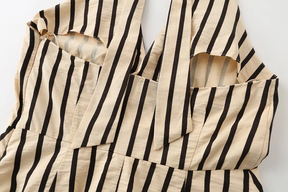 Elegantes Damen-Maxikleid mit Streifenmuster und Neckholder, sexy tiefem V-Ausschnitt, Schnürung, lässiges langes Kleid 2026, neues Urlaubskleid für Damen – Detail 11