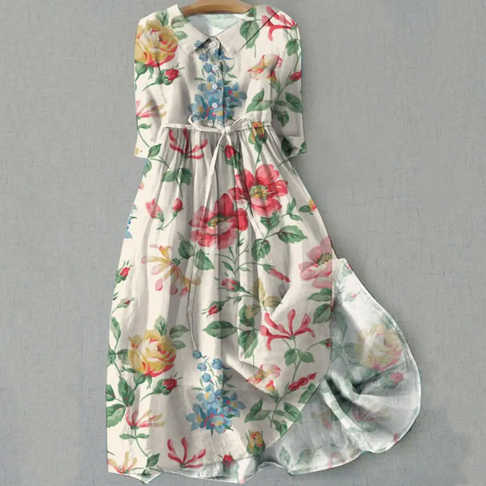 Women Casual Short Sleeve Floral Print Dress Vintage Floral A Line Maxi Dress Boho Single-breasted Pleated Dress Beach Dresses