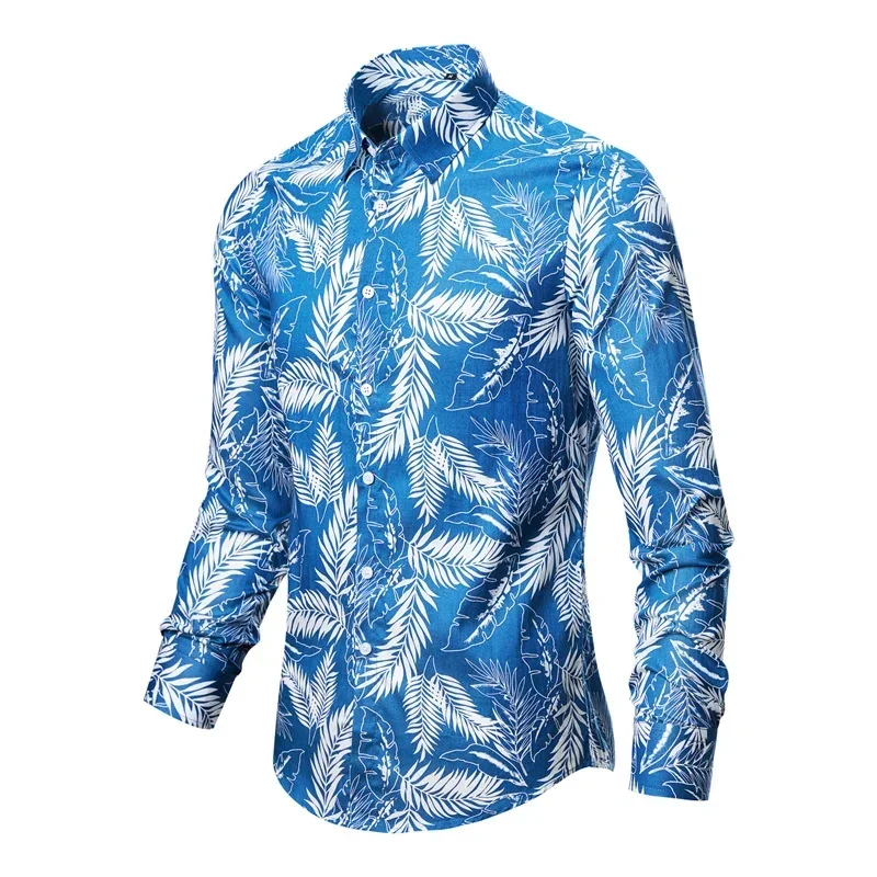 

High end fashion men's feather patterned shirt Hawaii casual long sleeved shirt men's four season top men's