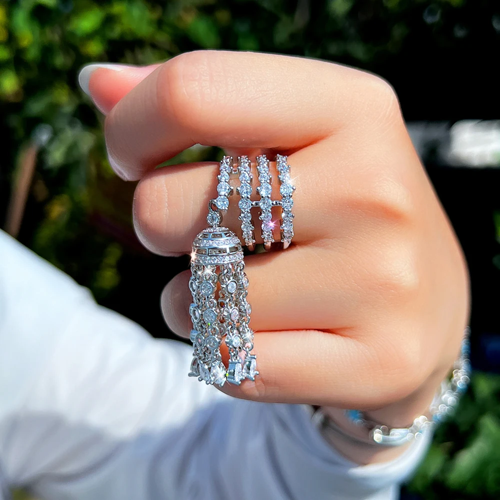 

CWWZircons Luxury Multilayer CZ Zircon Statement Long Tassel Charms Wedding Band Ring for Women Chic Evening Party Jewelry J0265