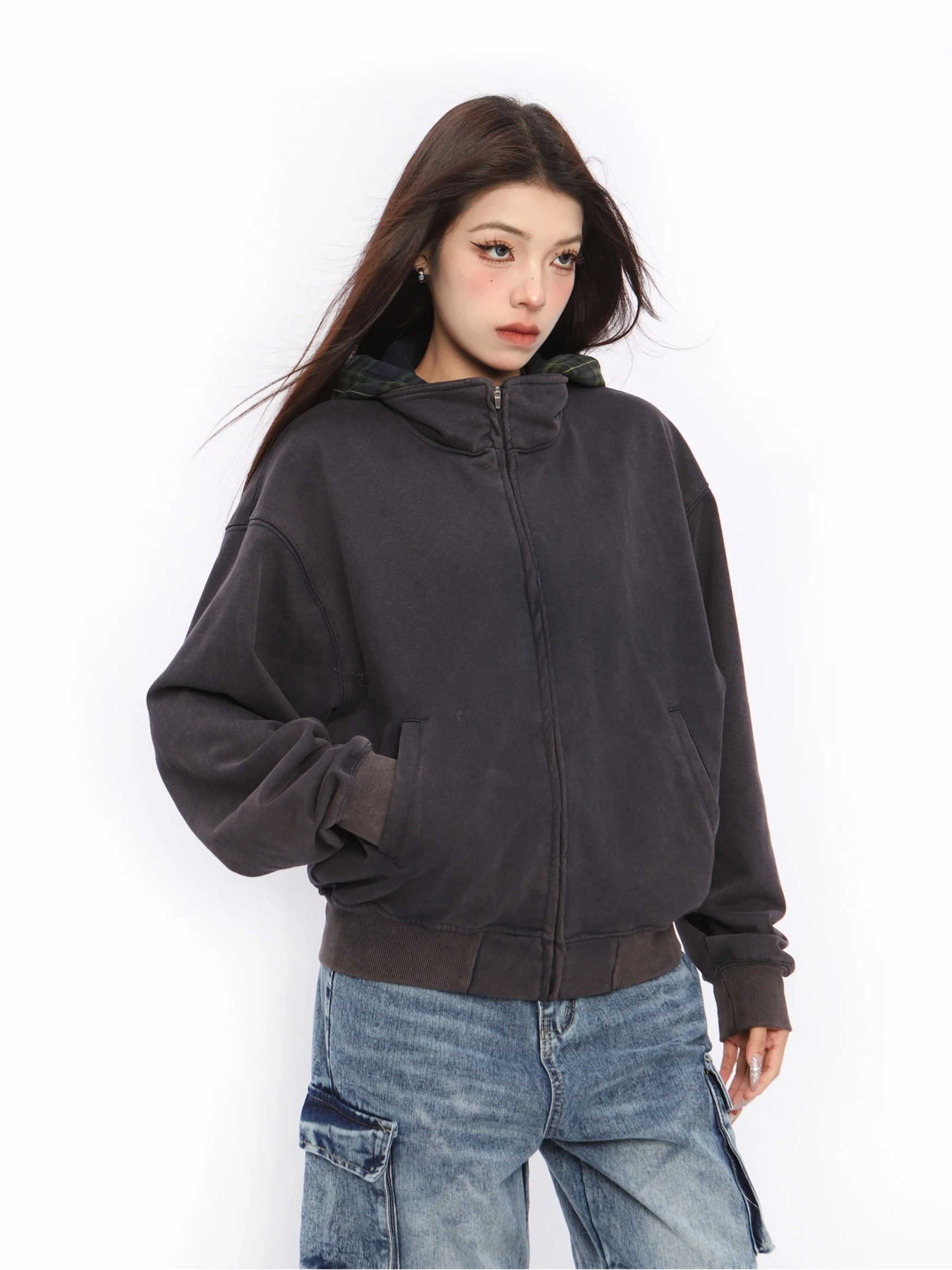 

Ретро-американский клетчатый худи-свитшот унисекс, осенний, с эффектом двухслойности, для пар, модный кардиган-накидка