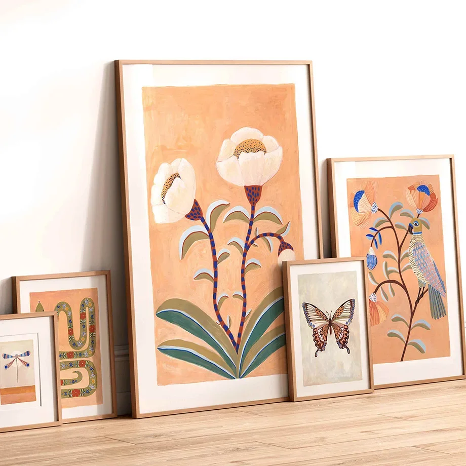 Pósteres e impresiones de flores de acuarela, mariposas y pájaros, estilo bohemio nórdico, arte de pared para guardería, pintura en lienzo, imágenes para decoración de habitación de bebés y niños