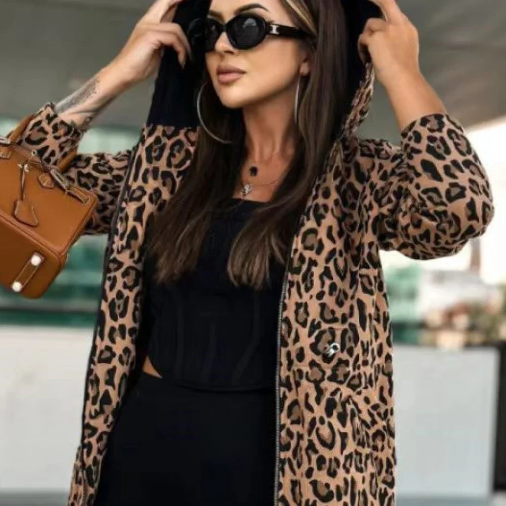 Autumn Winter Women Mid Long Leopard Trench Coat Baggy Stylish Windbreaker Long Sleeve Hooded New in Outerwears zipper long coat