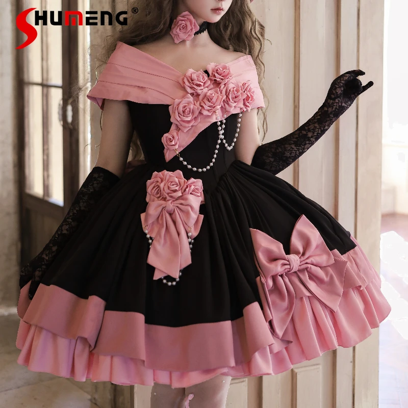 Elegante süße Prinzessin Lolita Abendkleid Off-Schulter 3D Blume Perlen Kette große Schleife Geburtstagsfeier Lolita kurzes Kleid Frauen