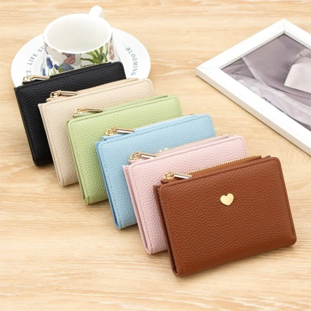 

Fashion Zipper Two Fold Wallet Solid Color Love Heart Women Short Wallet Large Capacity Anti Loss Coin Purse Daily Use