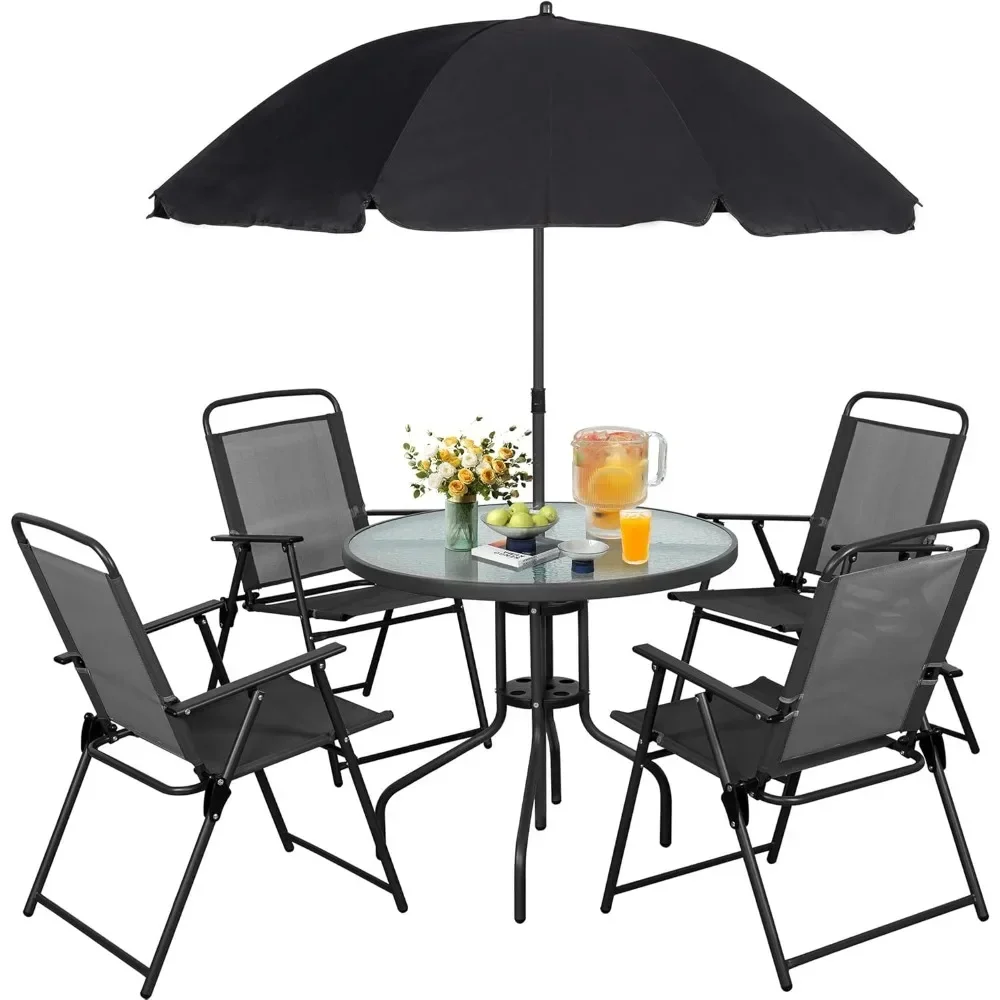 Folding Patio Dining Set,Small Metal Outdoor Garden Patio Table and Chair Set w/Umbrella for Lawn,Deck,Backyard