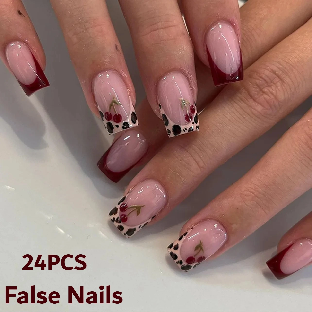 

24PCS Winter French Design Press on Nails Leopard print cherry Full Cover Sweet Cool Short Square Fake Nails for Women Nail Art