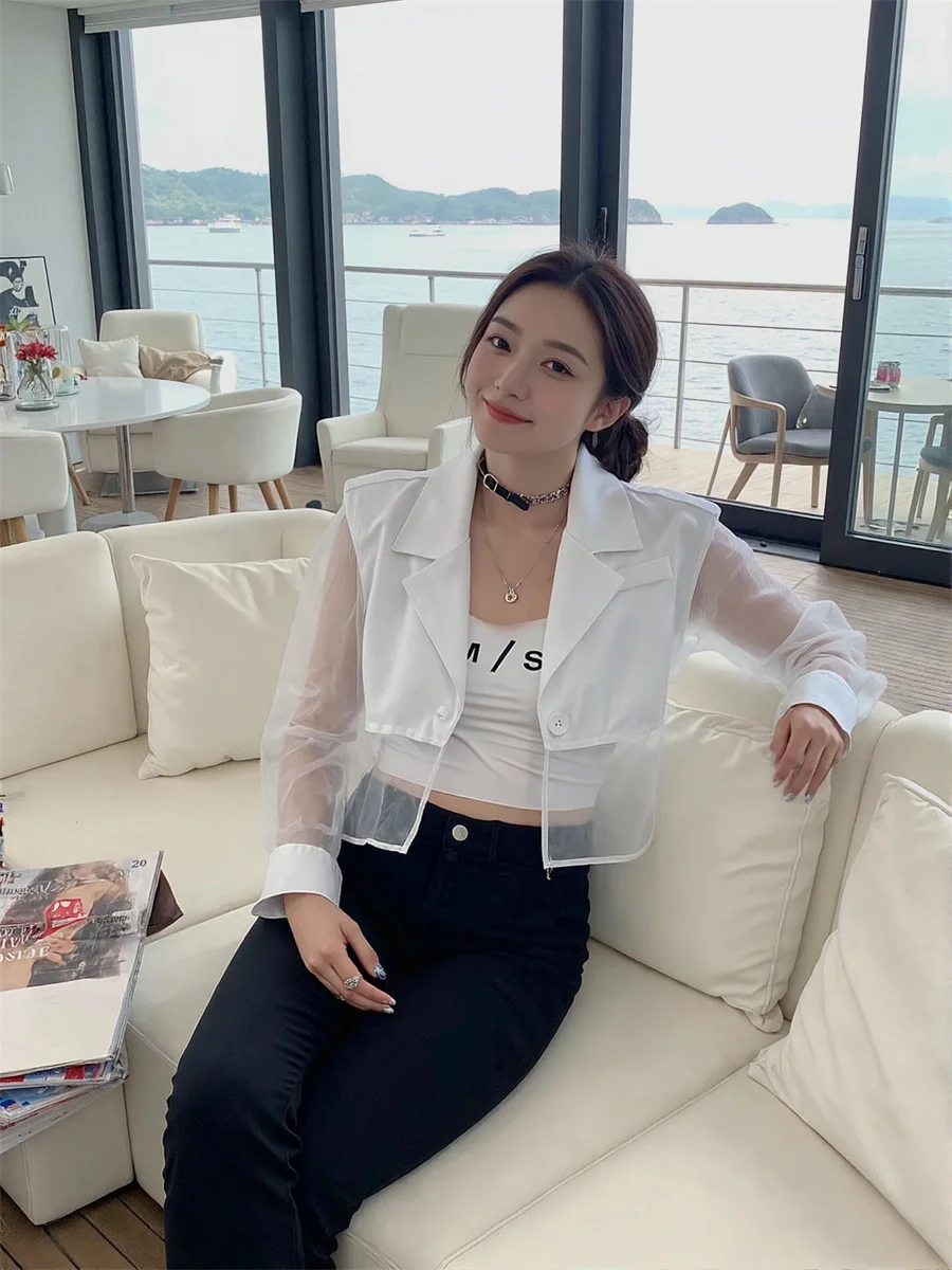 

Sun-proof Cropped See-through Back-Slit Blazers Elegant Woman Clothes For Women Seven Quarter Shoulder Pads Womens Vintage Chic