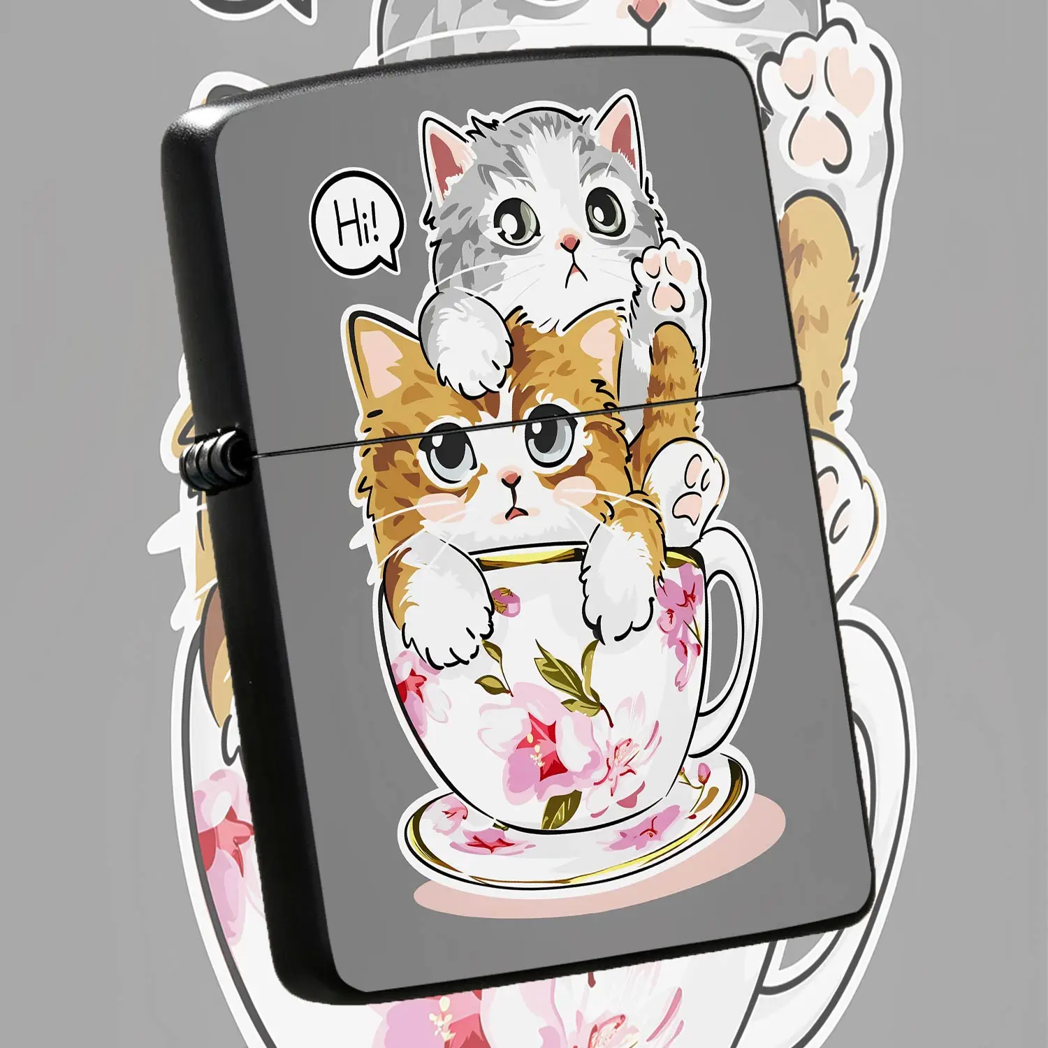 Cute Teacup Kitten Pattern Lighter, Adorable Two Playful Cats Print Portable Ignition Accessory, Delicate Floral Design Practical Daily Use Item, Ideal Sweet Present For Friends Family For Various Occasions A Humorous And Interesting Lighte