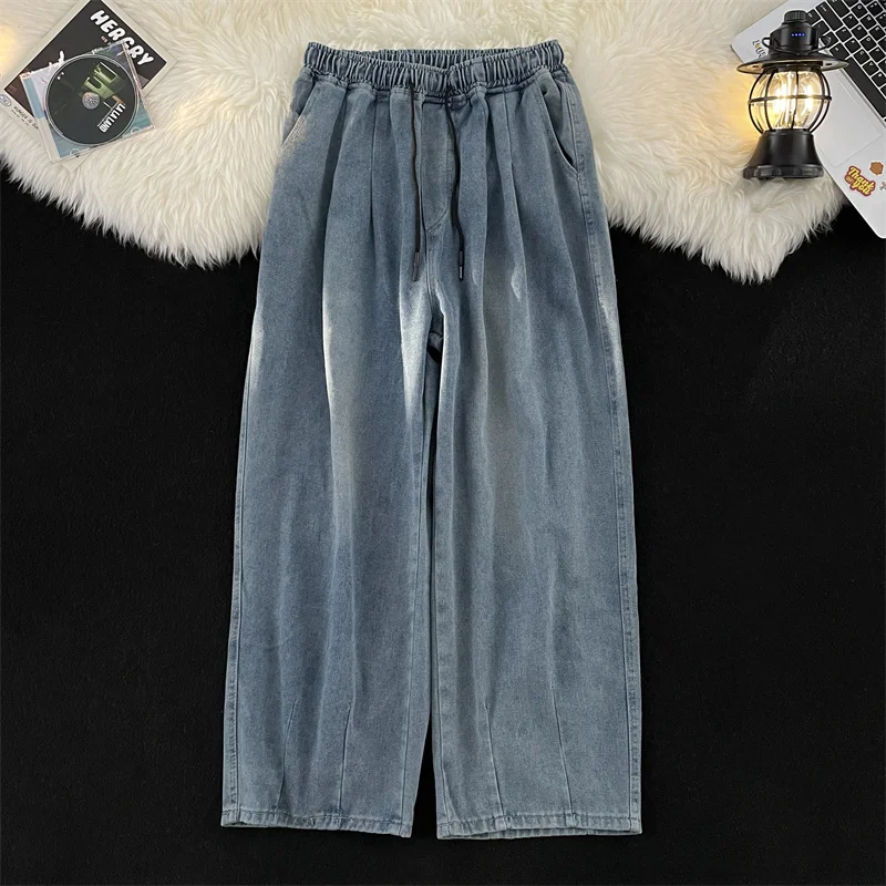 Retro Japanese Style Men's Jeans Loose Straight Leg Wide Leg Elastic Waist Casual Long Pants High Street Washed out Effect