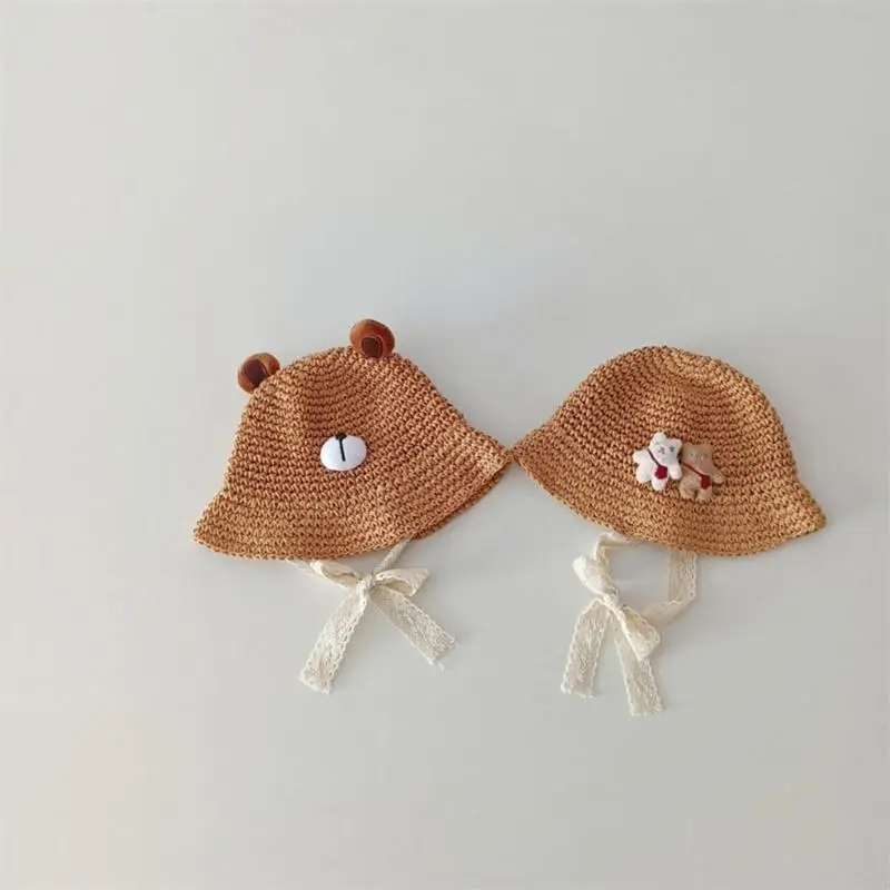 

Q22D Cartoon Bear Straw Hat Lace Strap Baby Summer Hat Toddler Unisex Beach Headwear