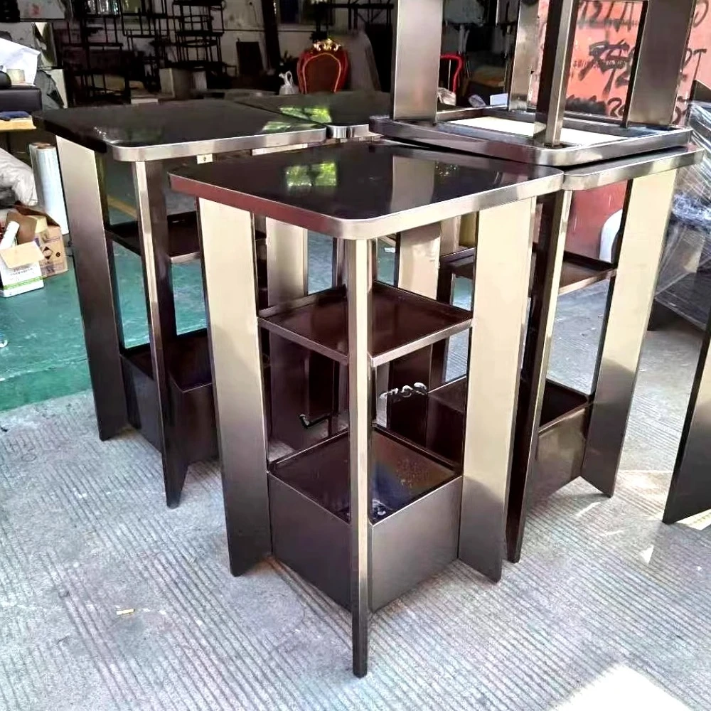 Mesa suelta para club, muebles de asiento suelto, mesa alta multiusos de metal personalizada, mesas y sillas de bar de titanio negro con tarjeta alta