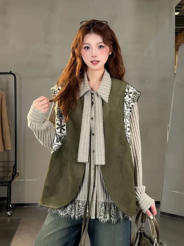 plus Size Women's Vintage Sleeveless Vest Jacket Autumn New Style Micro Plump MM Outerwear Layering Shoulder Pad Top
