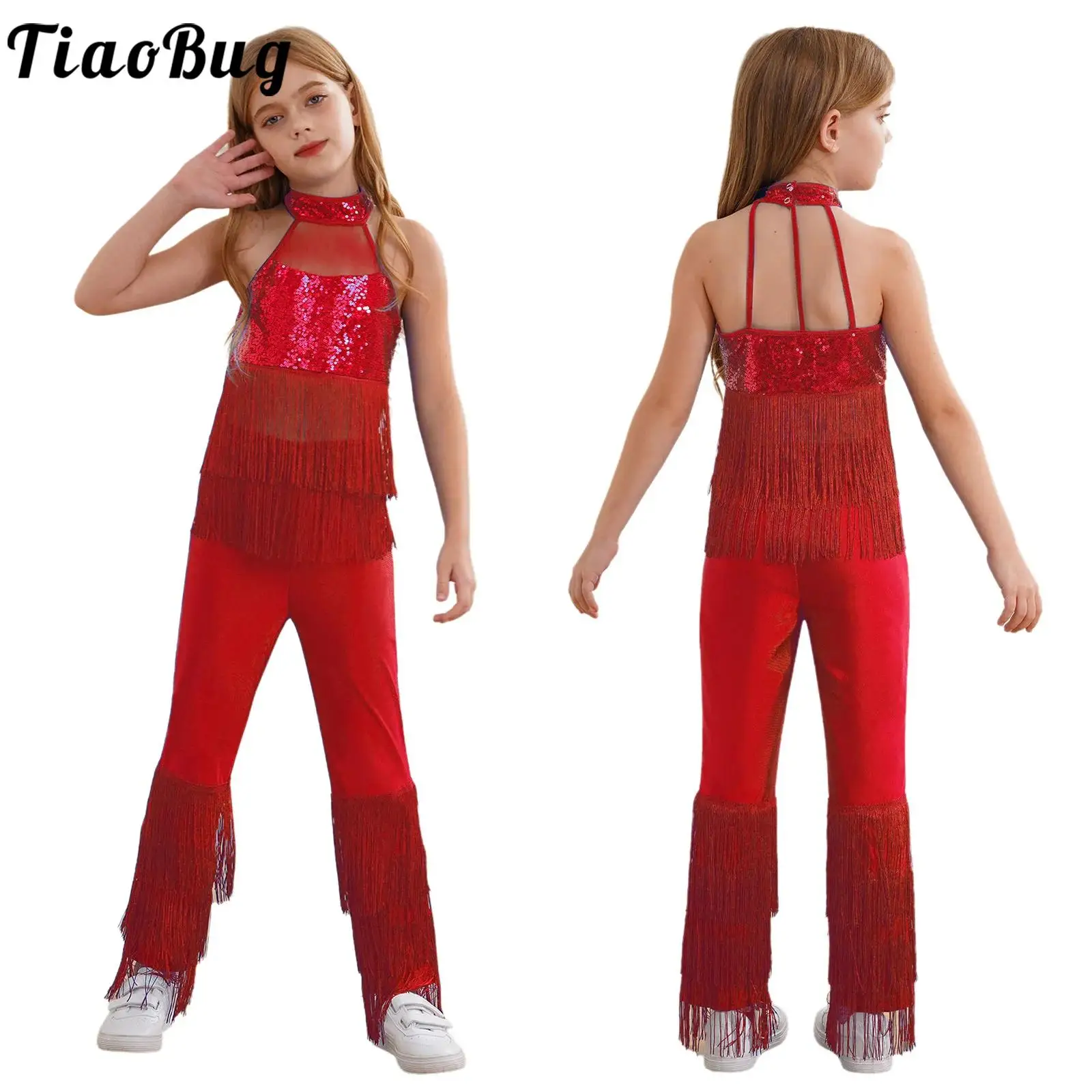 

Kids Girls Latin Dance Costumes Tap Tango Ballroom Fringe Tassel Pants Jumpsuits Sleeveless Shiny Sequined Rompers Stage Dresses