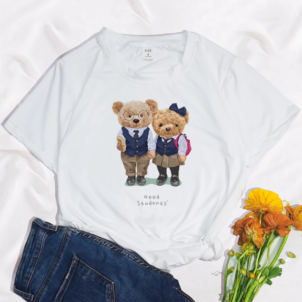 Love Yourself Bear-Camiseta con estampado Harajuku para mujer, blusa informal básica con cuello redondo, camisa blanca de manga corta