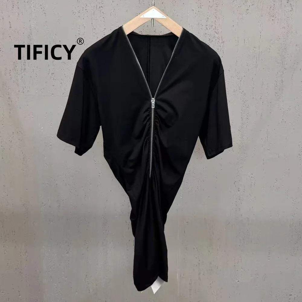 

High Street Dresses New Women's V-neck Short Sleeved Zipper Decoration Waist Slimming Mid Length T-shirt Dresses Top