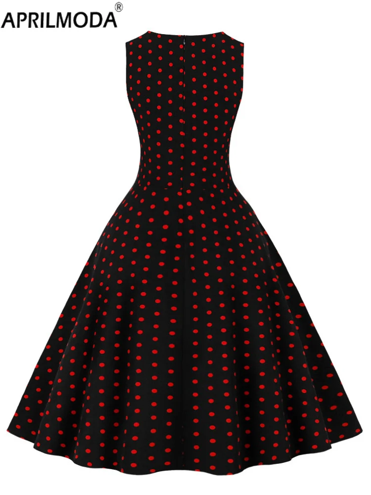 Retro Vintage Swing Flare Tea Dress Dot Print Sleeveless A Line 50s Evening Gowns Red Blue Green Black Runway Midi Party Dress