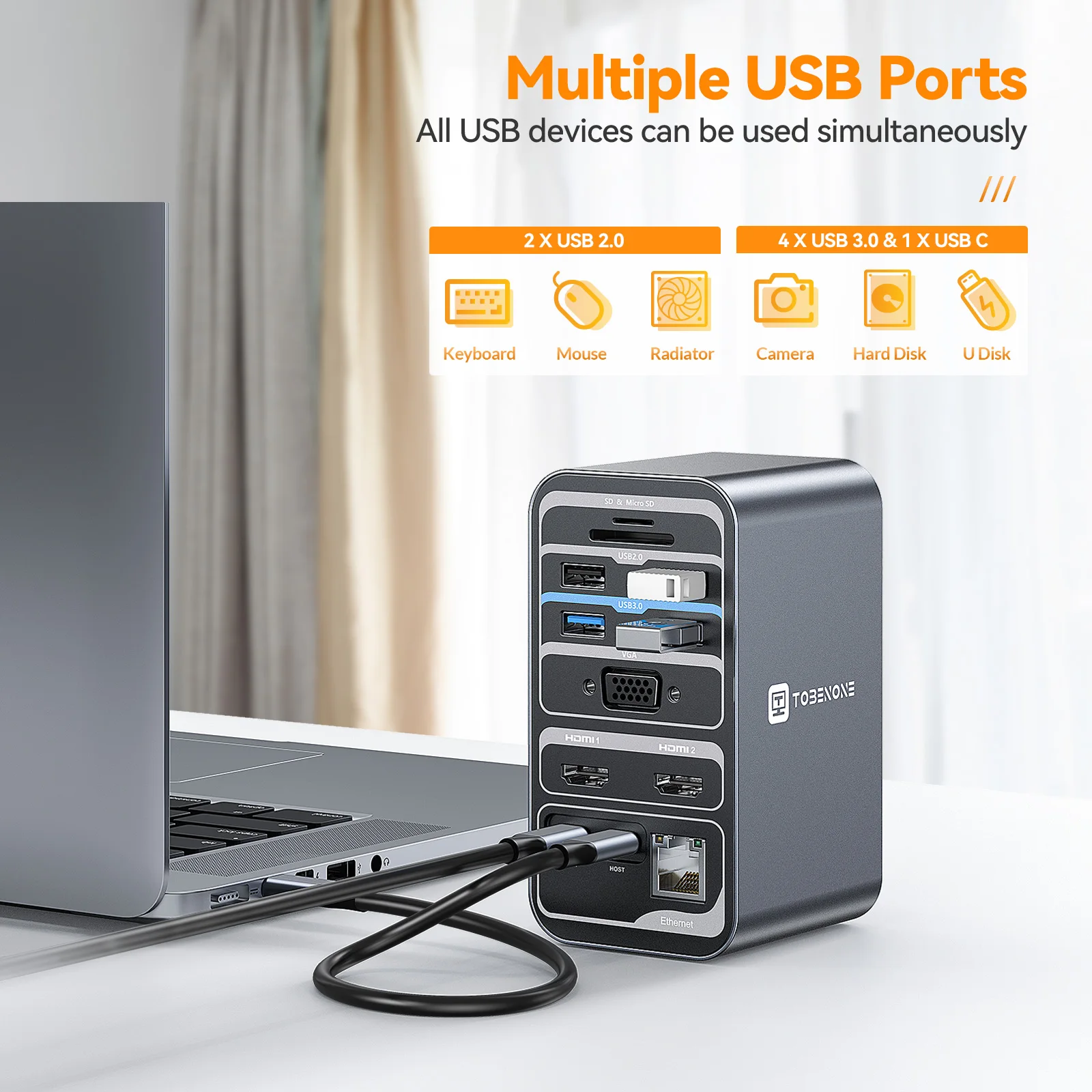 Tobenone Đế Cắm 4K/60Hz Đôi Màn Hình Hiển Thị 2 HDMI VGA RJ45 USB C Bộ Chia Hub dành Cho Windows Máy Tính Xách Tay