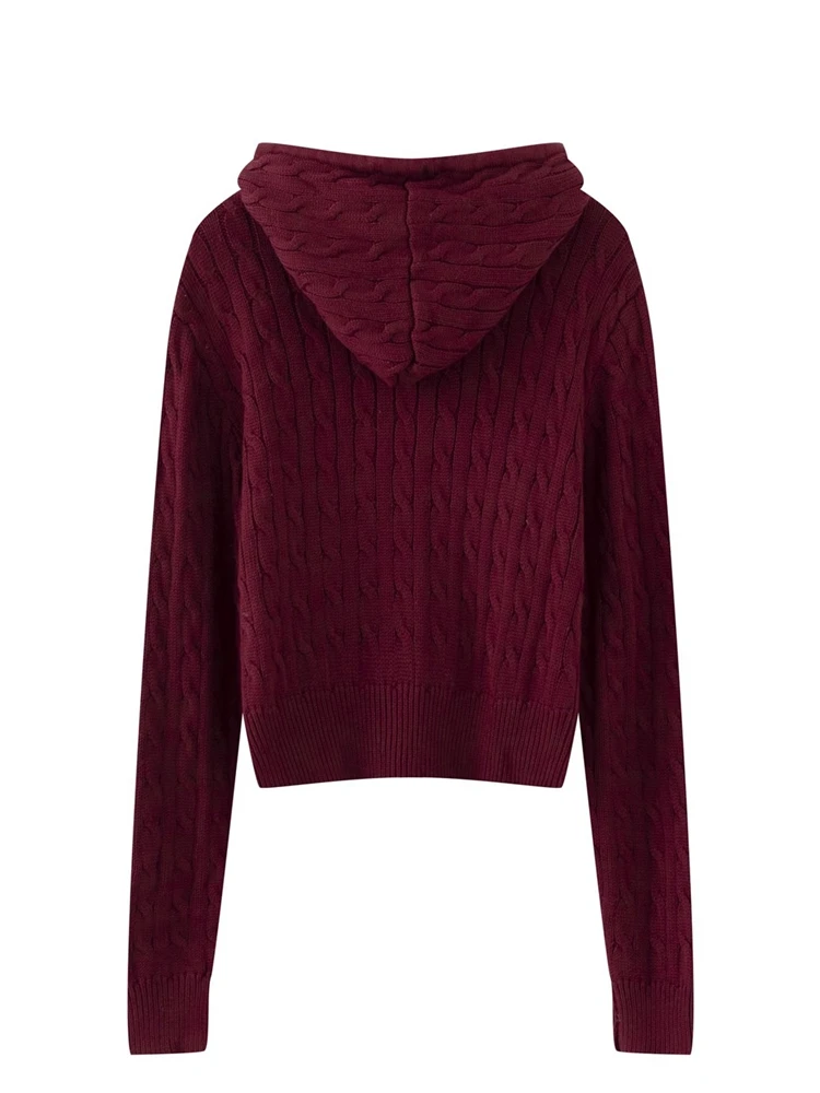 PUWD Vintage Women Solid Zip-up Knit Cardigans 2023 Autumn Wine Red Long Sleeves Hooded Sweaters Fashion Female Chic Pocket Tops