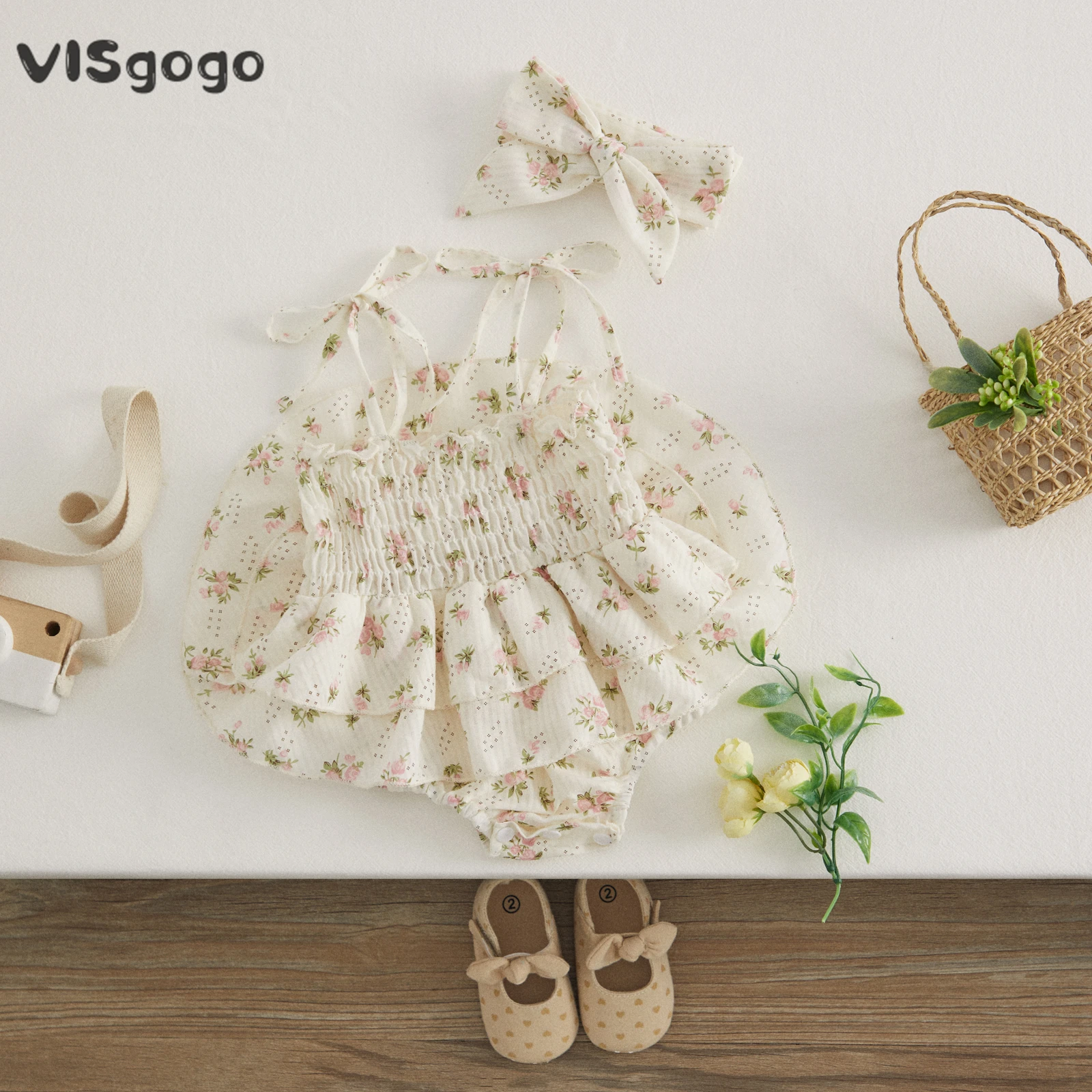 VISgogo Baby Girl Summer Jumpsuit Set Floral Elasticated Bust Sleeveless Ruffled Romper with Bow Headband Outfit