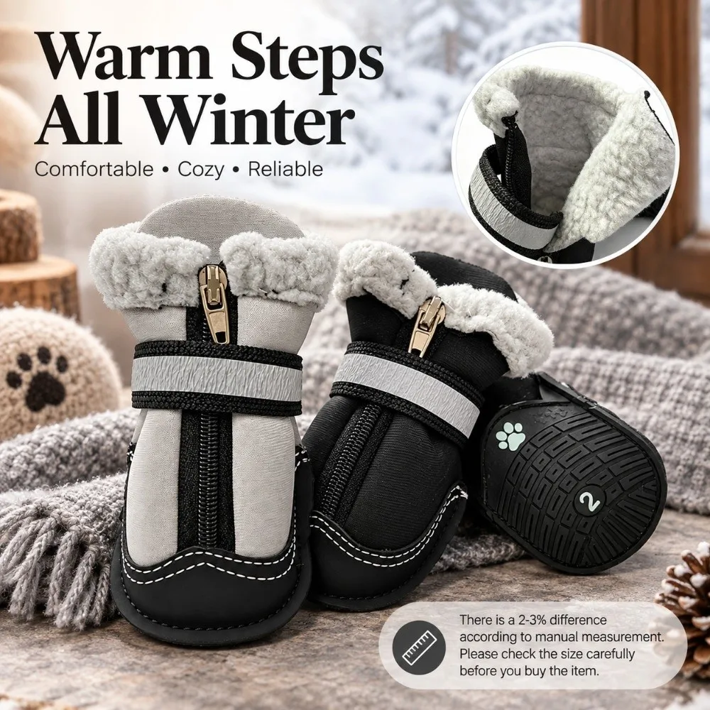 4Pcs Set Reflective Straps Dog Snow Boots Thickened Sole Lining Dog Footwear Anti-Slip Winter Dog Shoes Winter Outdoor Walking