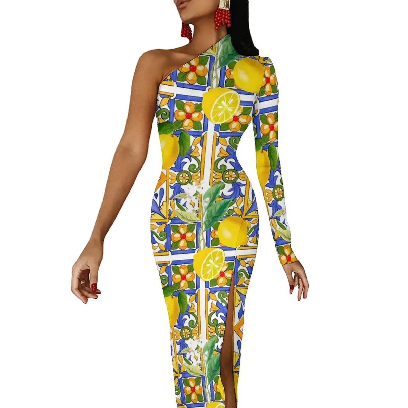 

Fruit Print Bodycon Dress Spring Oranges And Lemons Retro High Slit Long Dresses Long Sleeve Pattern Street Wear Dress