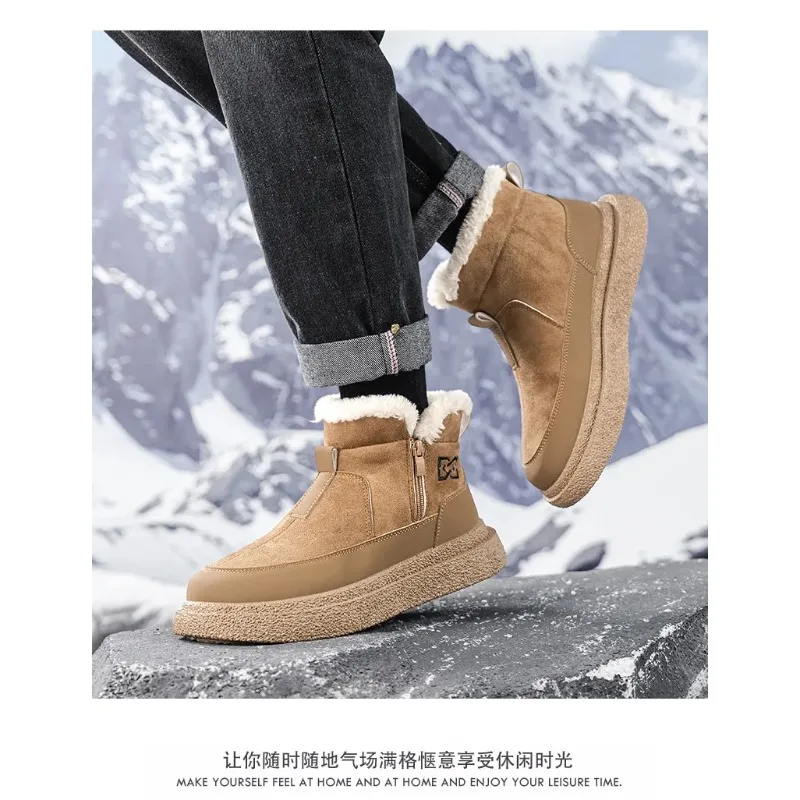 أحذية الثلوج الشتوية لعام 2025 دافئة بالإضافة إلى أحذية رجالية سميكة مخملية للخروج أحذية قطنية عالية الجودة بنعل سميك ومضادة للتجميد