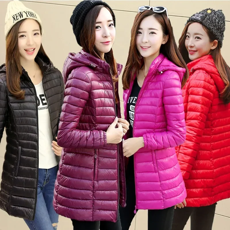 

2025 New Lightweight Casual Tops 3XL Jacket Women's Coat Solid Hooded Drawstring Warm Overcoat Female Mid Long Puffer Coats