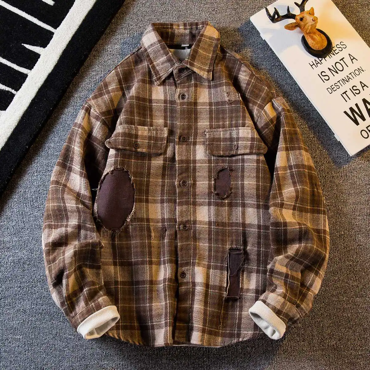 Men's American retro patch plaid shirt jacket men's spring and autumn lazy style casual hole long sleeved shirt top