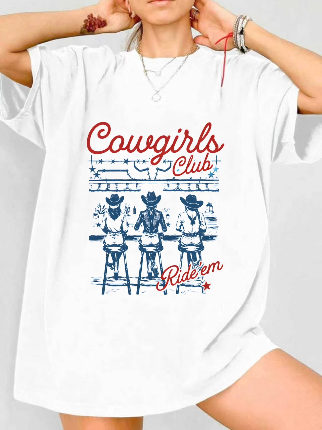 

【JYDX112283】Three denim girls print plus size women's round neck summer casual short sleeved street fashion versatile T-shirt