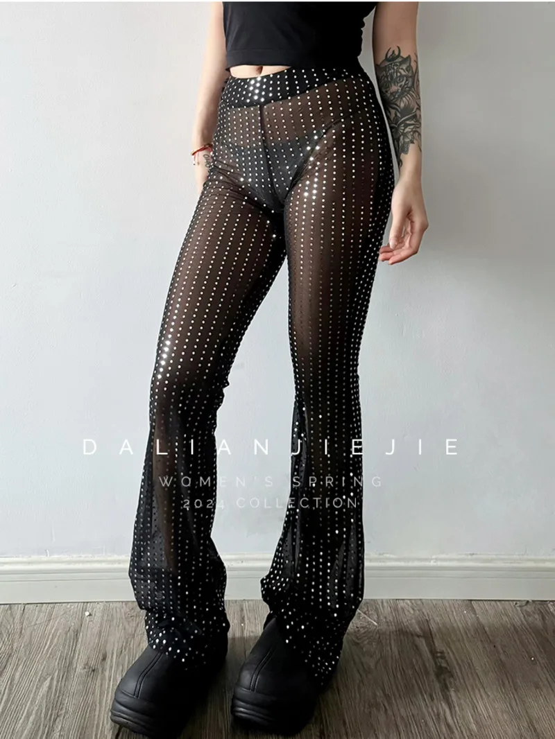 Shiny Transparent Pants Mesh Lace Sequin Pants Women Spring/Summer Spicy Girl Casual Flare Pants Black Sweet Women 71SY