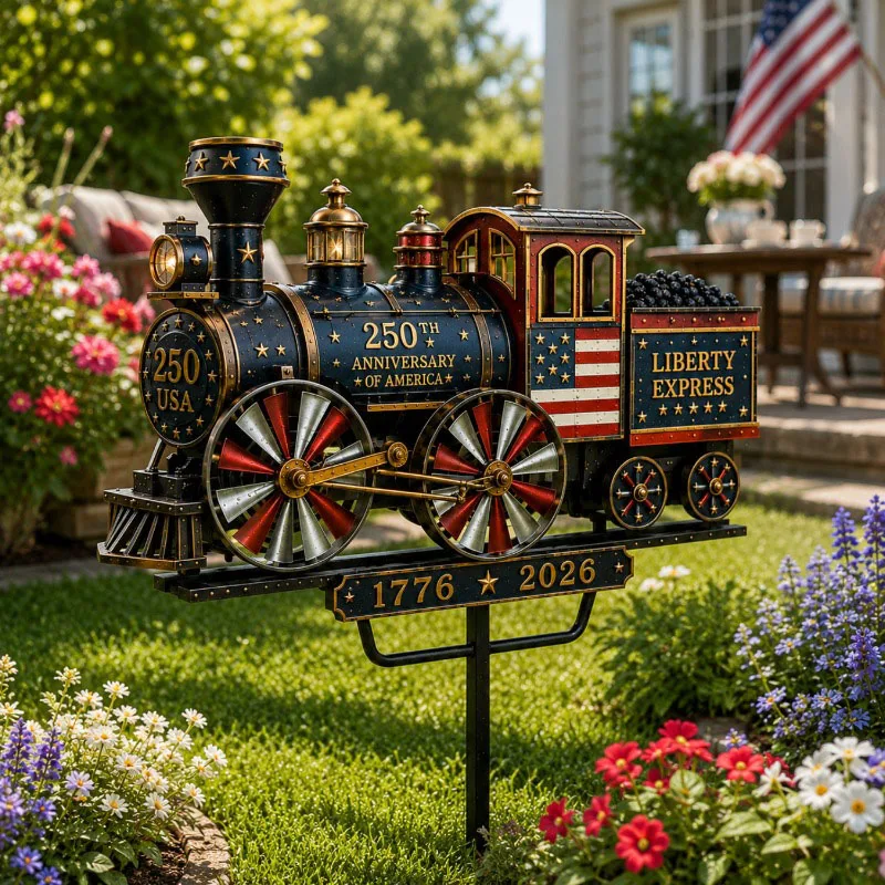 Patriotic Train Garden Wind Spinner Outdoor Courtyard Windmill Stake with Rotating Wheel, Vintage Train Lawn Decoration