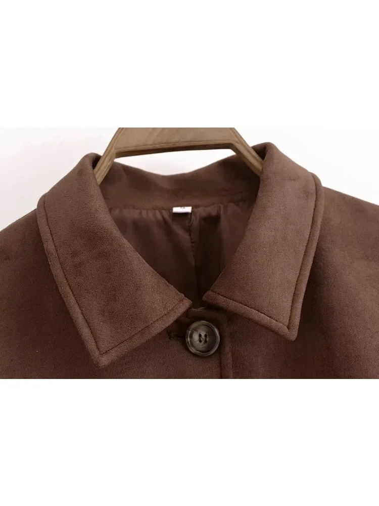 Fashion Women Belt Suede Jacket Single Button Long Sleeve Crop Coat Casual Brown Lapel Pocket Suede Leather Jacket 2024 Outwear