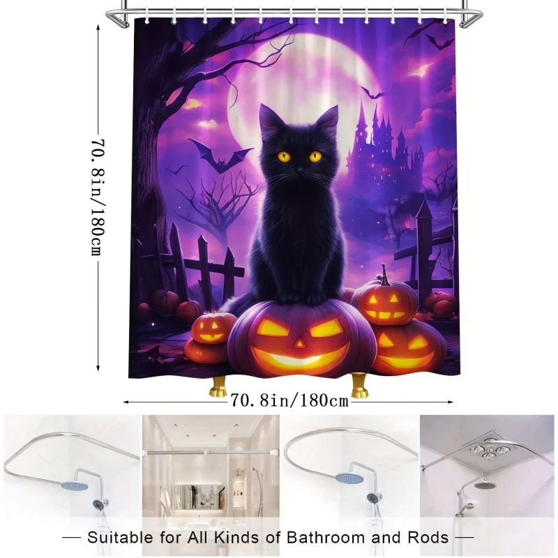 Halloween Theme Shower Curtain with Black Cat, Pumpkin, Bats, Castle, Bare Trees, and Purple Moon Design - 100% Polyester, Machi