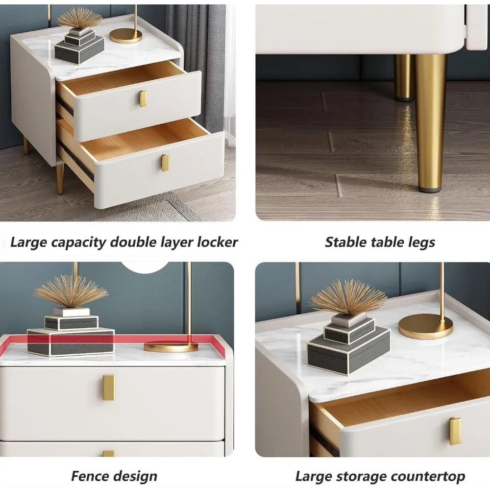 منضدة حديثة من منتصف القرن مع سطح حجري أبيض ومقابض معدنية، وطاولة بجانب السرير بدرجين #6