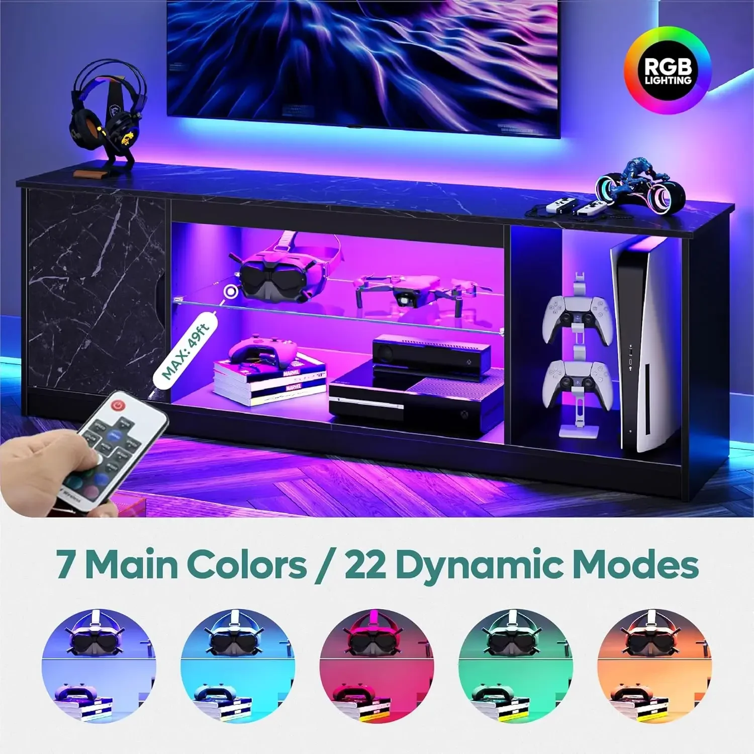 LED TV Stand for 55/60/65 Inch TV, Gaming Entertainment Center with Cabinet for PS5, Modern TV Cabinet with Adjustable