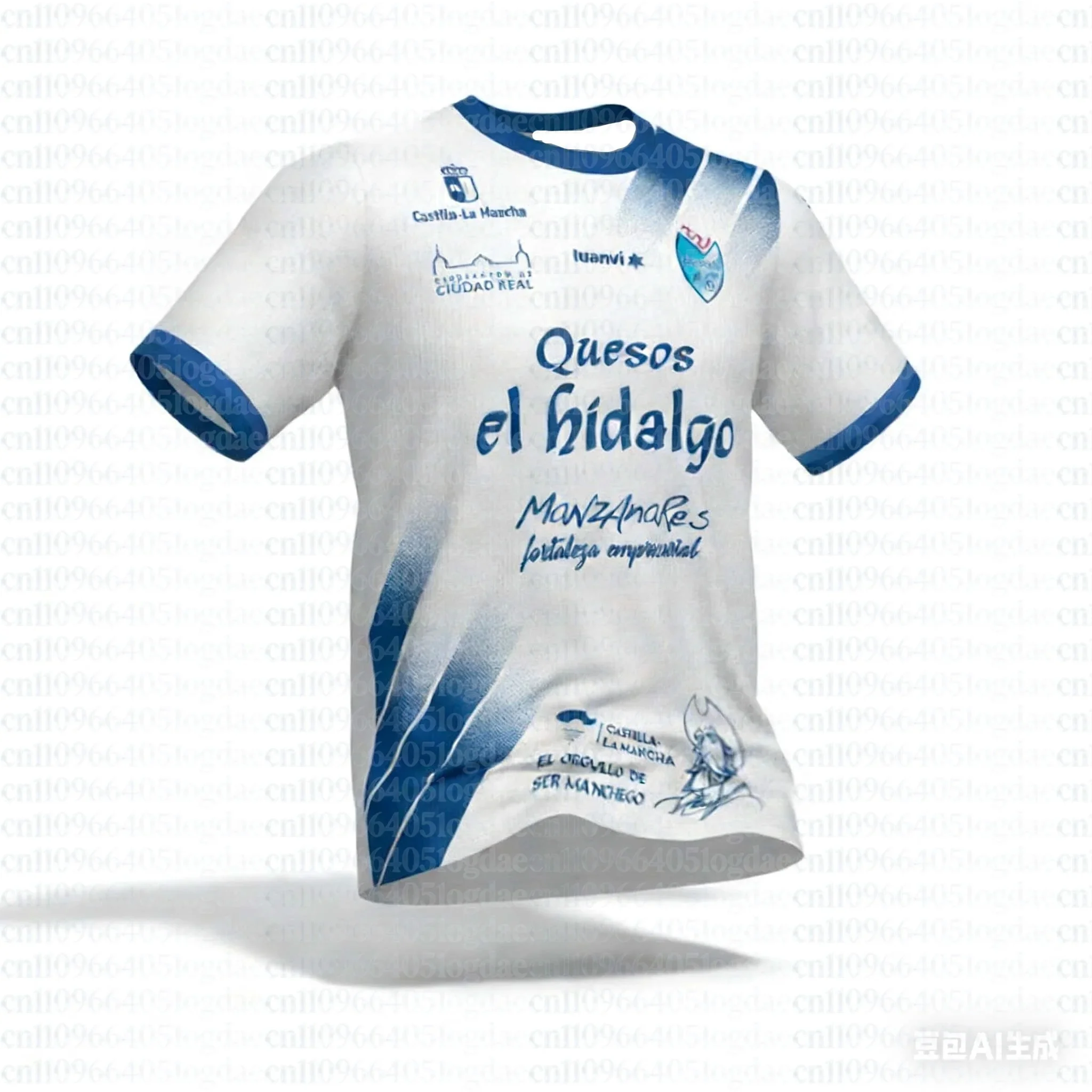 Maglia da Calcio 2026 CD Manchego Ciudad Real Bianca e Blu con Sponsor Quesos el Hidalgo, T-Shirt da Calcio Spagnola per Uomo