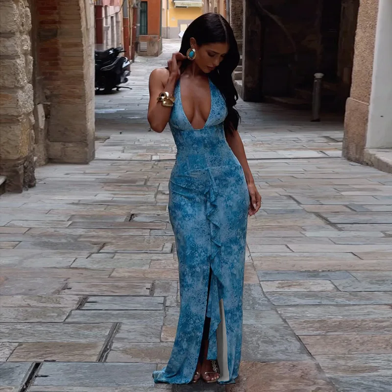 

New Women'S Sexy, Fashionable, Contrasting, Slim Fit, Neck Hanging, Lace Up, Backless Split Dress