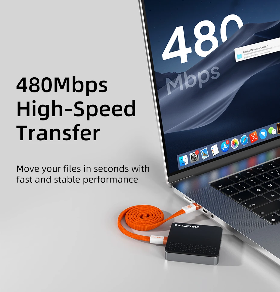 CABLETIME USB-C Kabel Magnetisches Typ-C Kabel PD100W 480Mbps Flachkabel Hochgeschwindigkeitsübertragung für HUAWEI Xiaomi iPhone 17/16 C-Kabel – Detail 6