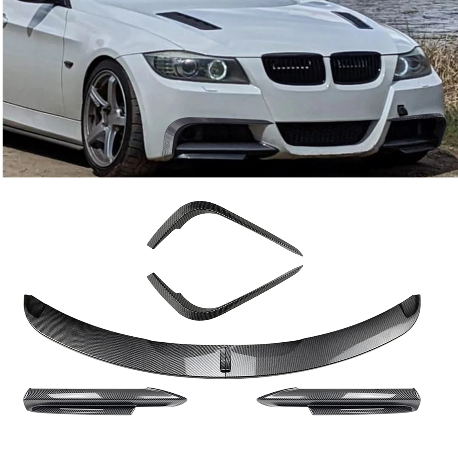 

For BMW 3 Series E90 E91 M-Tech Pre-LCI 2005-2008 Sport Model Front Bumper Lip+Side Spoiler Corner Cover+Air Vent Splitter Trim