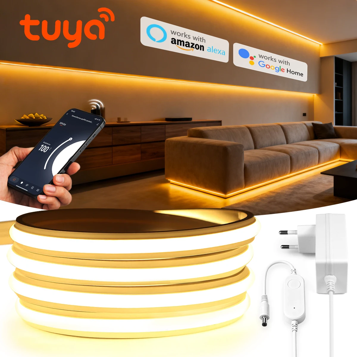 Smart WIFI App Control COB Neon LED Light Strip,Waterproof Fireproof Silicone LED Tape Light Rope DC24V, Room Decor Smart Home