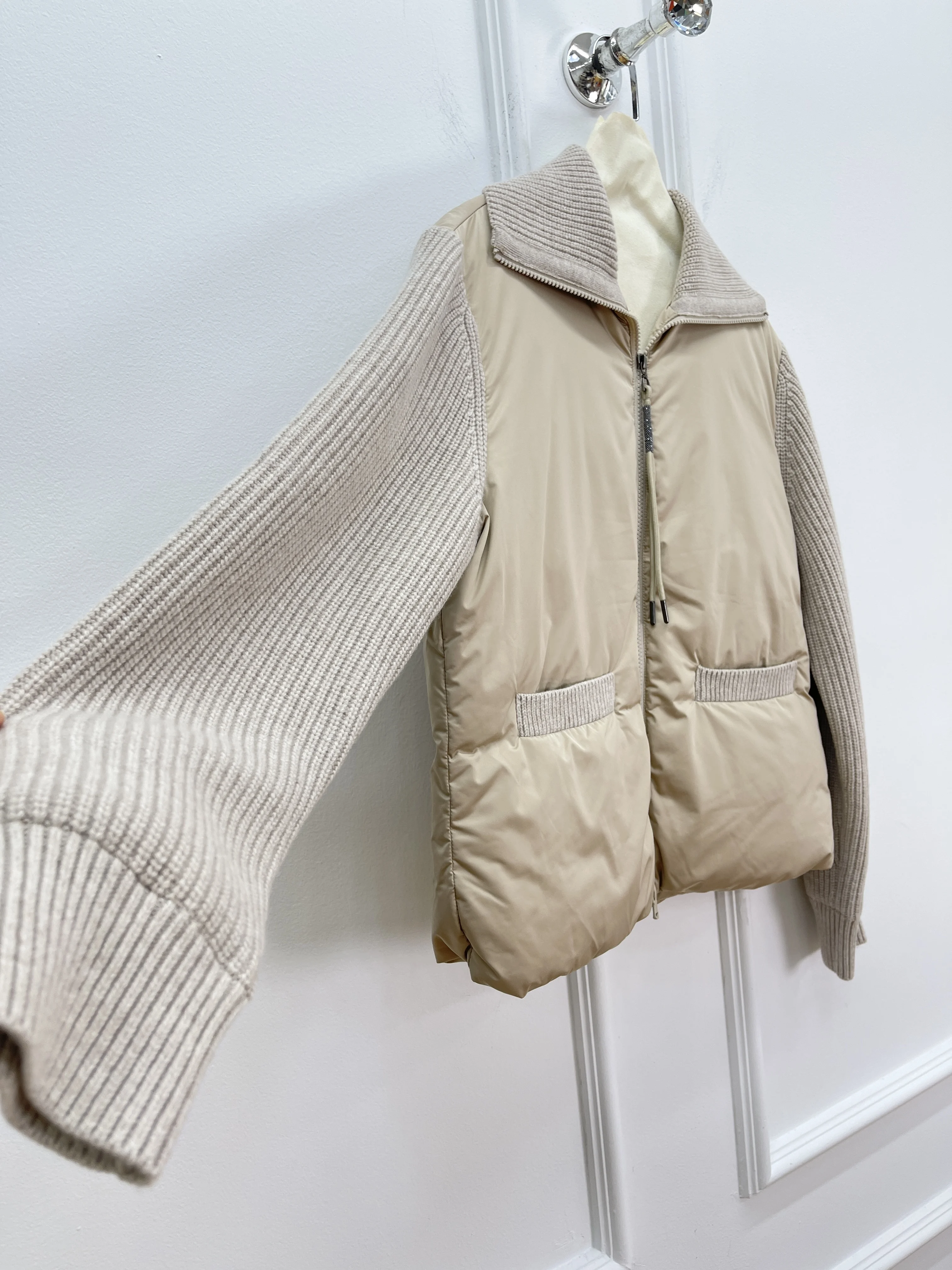 여성용 2025 가을 겨울 신상품 고품질 대형 라펠 지퍼 구스 다운 재킷 양모 혼합 소매 따뜻한 재킷