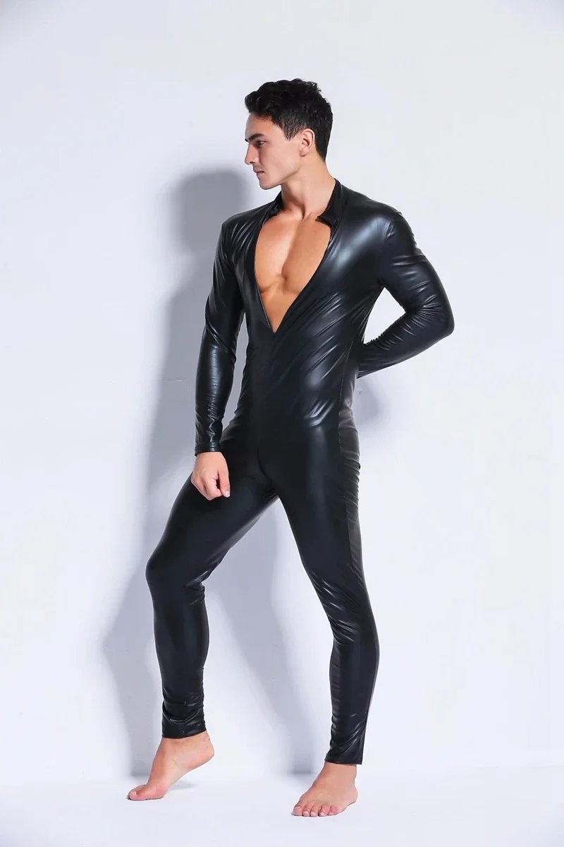 M-3XL Men Wetlook Faux Leather Double Zipper Open Crotch Pvc Bodysuit Gay Hot Lingerie Latex Catsuit Fetish Wear Sexy Costume