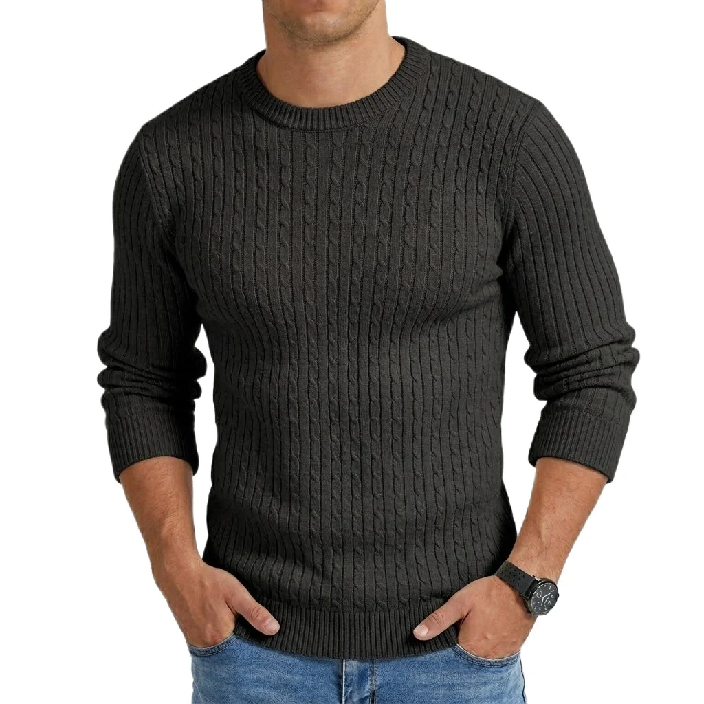 Image 3: Nouveau Pull Homme à Manches Longues Col Rond, Tricoté de Luxe à Maille Torsadée, Décontracté, pour le Travail, Printemps Automne