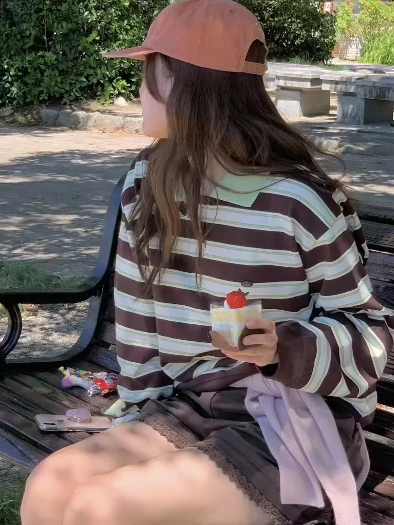 

Ретро шикарная полосатая футболка Ne Long Sve женская свободная повседневная дизайнерская молодежная корейская футболка Sle Fem Top