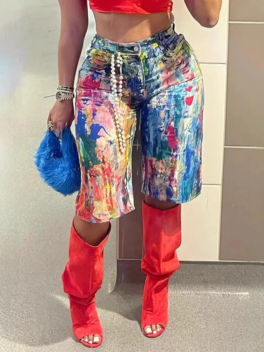 

Женские шорты: стильные, шикарные, прямые, с ручной росписью, в стиле колор-блок, свободные, для повседневной носки, уличный стиль, универсальные.