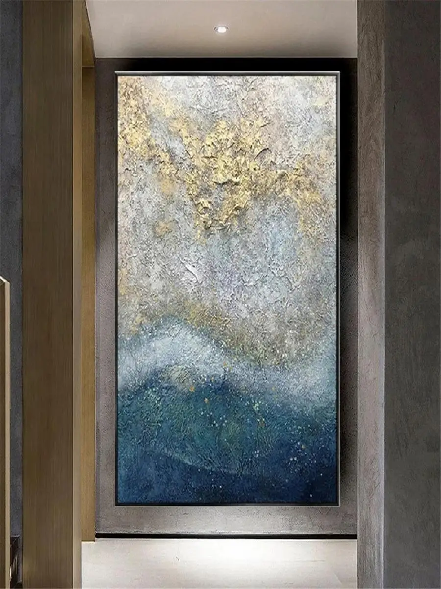 HandPainted Oil Painting on Canvas  Modern Gold Foil Abstract Art with Blue Thick Oil Texture  Wall Art Pictures for Living Roo