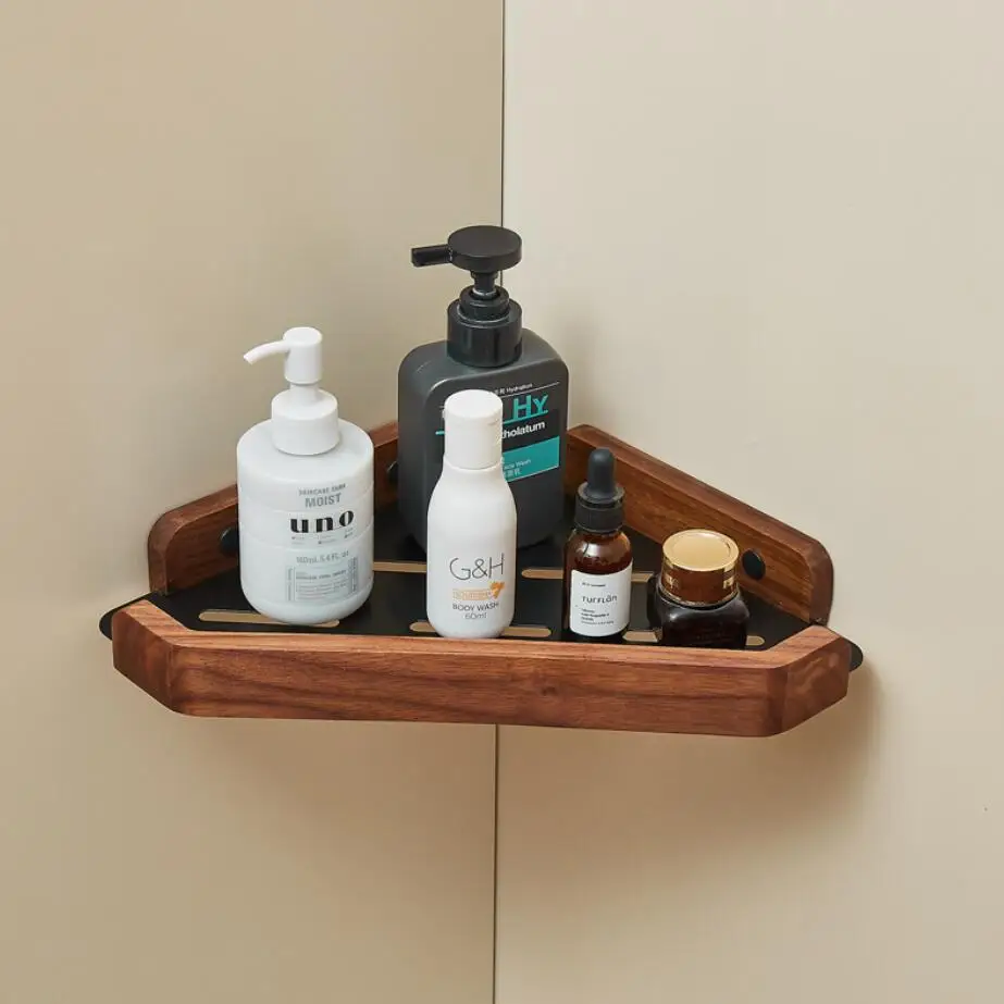 wood bathroom storage rack, wooden washstand, bathroom corner, shower gel storage triangular frame, walnut corner turntable