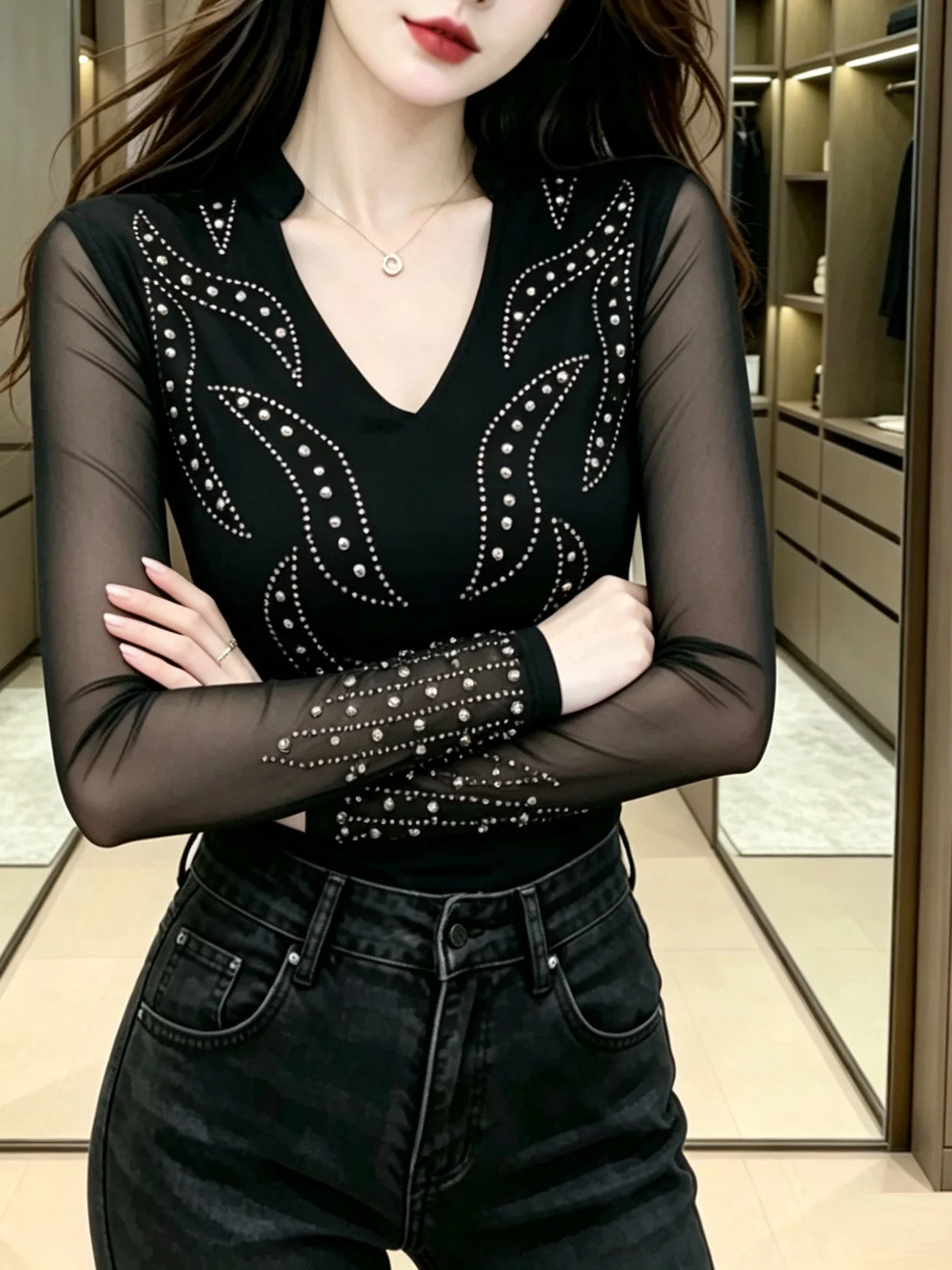 Autumn Winter Women's V-Neck Long Sleeve T-Shirt Diamond Decorated Mesh Splice Slimming Top Modern Style Universal Fit